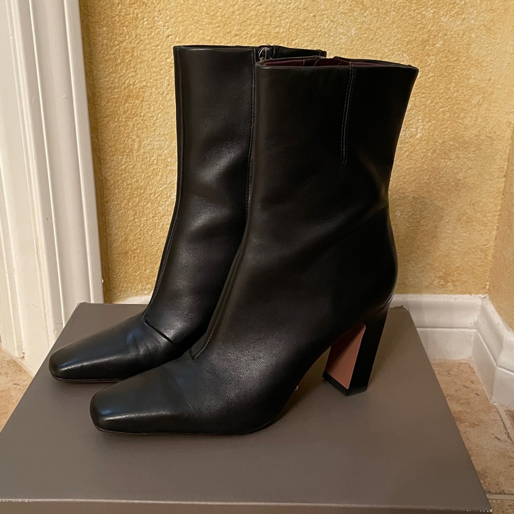 Franco Sarto Black Leather Mid-Calf Square Toe Block Heel Boots Briar Boot
